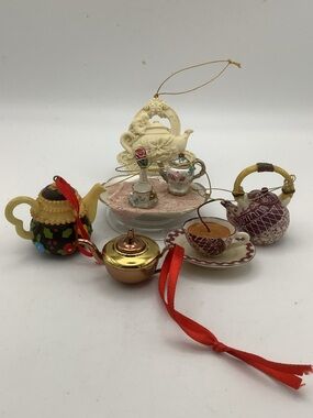Five Assorted Mini Teapot and Tea Set Ornaments